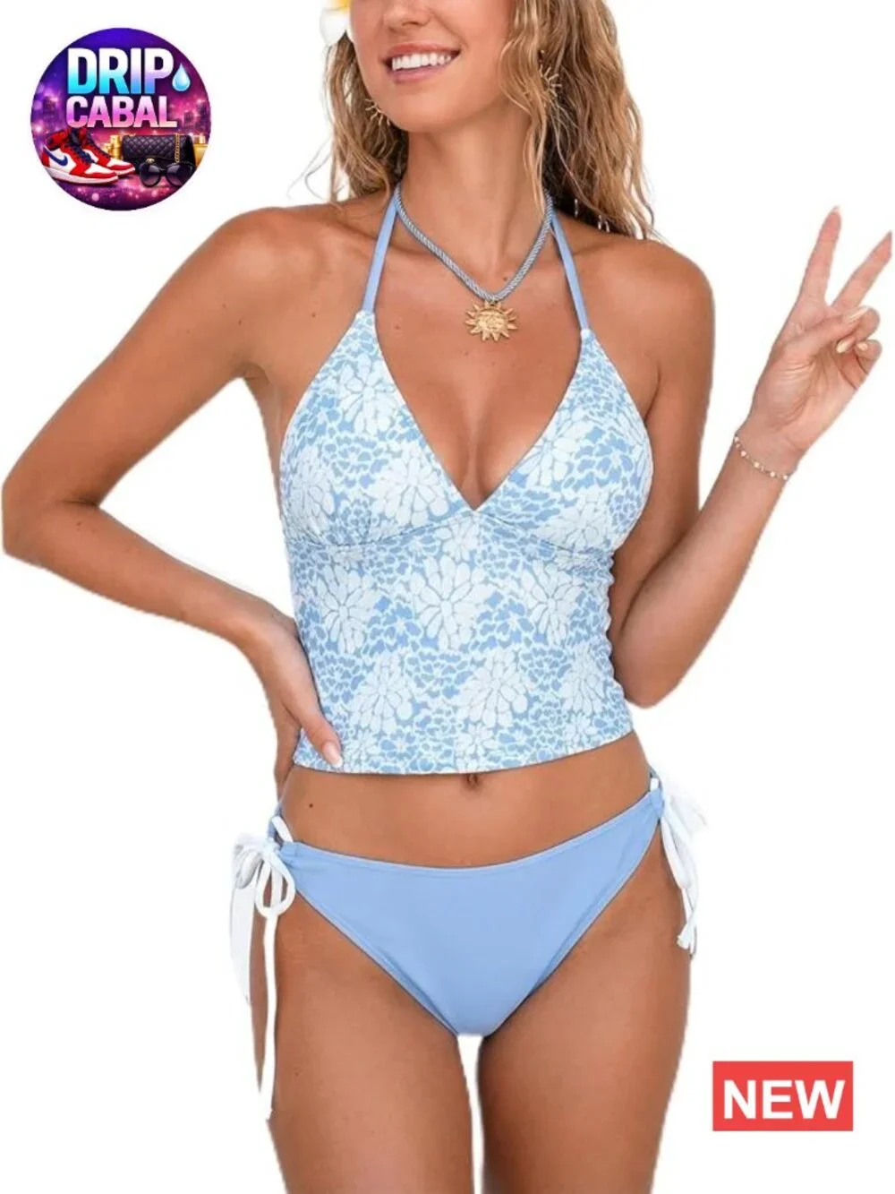 CUPSHE Women's Tankini Set Halter V Neck Mid Rise Two Piece Swimsuit Bathing